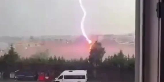 Tekirdağ’da palmiye ağacına yıldırım düştü, alevler yükseldi