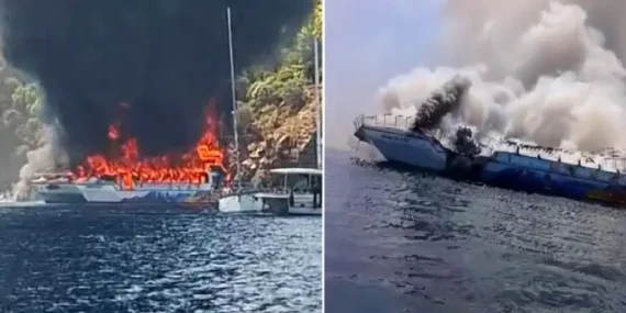 Fethiye açıklarında gezi teknesi yangını: 115 kişi denize atladı
