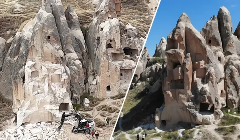 Kapadokya’da çöken peribacasının ardından son görüntüler